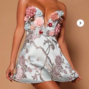 Fashion Nova Dress with Floral Appliqué in Blue and Pink
